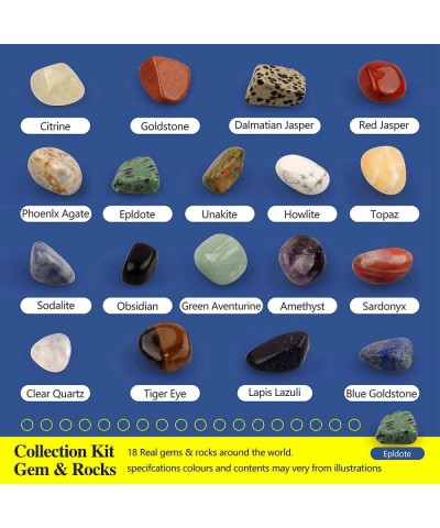 18pcs Rock Collection for Kids Gemstones & Rocks Set with Educational Information Sheet and Display case Science Gift for Boy...