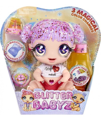 MGA'S Glitter Babyz Melody Highnote Baby Doll with 3 Magical Color Changes Lavender Glitter Hair Music Outfit Diaper Bottle P...