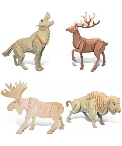 Bundle of Wild Animals: Deer Wolf Moose & Buffalo Wooden 3D Puzzle Construction Kits Fun & Educational DIY Toys Assemble Mode...