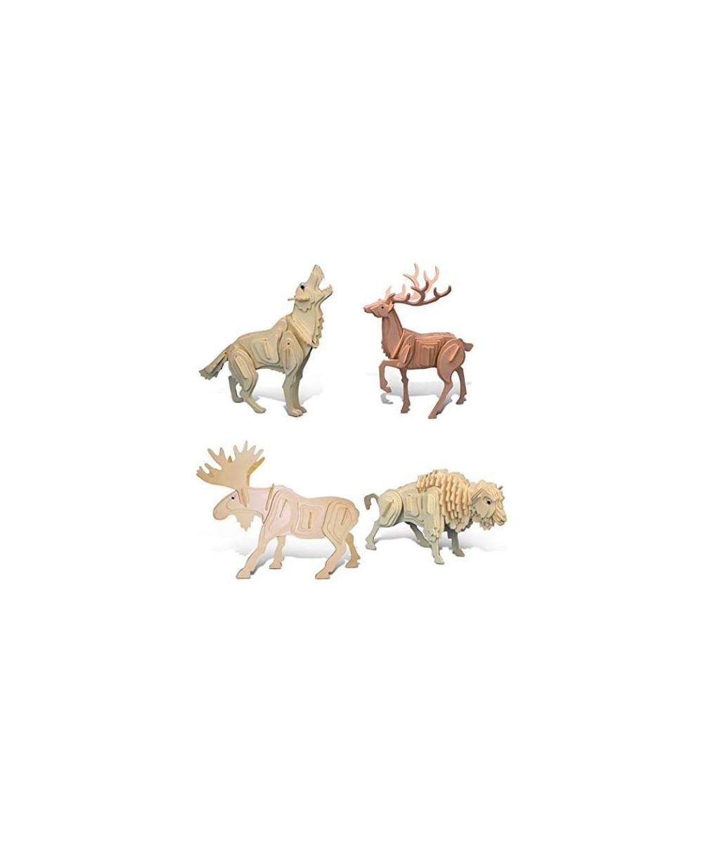 Bundle of Wild Animals: Deer Wolf Moose & Buffalo Wooden 3D Puzzle Construction Kits Fun & Educational DIY Toys Assemble Mode...