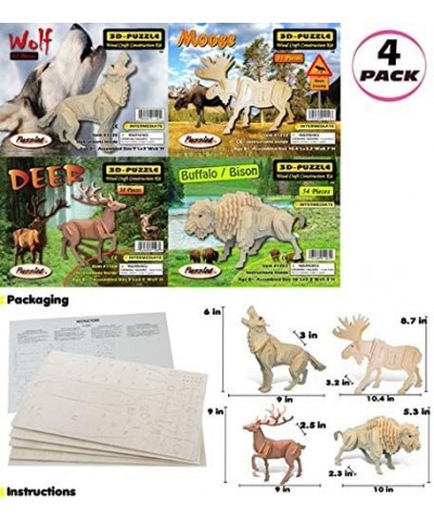 Bundle of Wild Animals: Deer Wolf Moose & Buffalo Wooden 3D Puzzle Construction Kits Fun & Educational DIY Toys Assemble Mode...