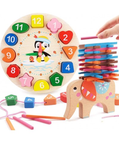 Puzzles for Toddlers 2 Pack Wooden Jigsaw Puzzles Shape Sorting Clock and Wooden Stacking Elephants Montessori Early Learning...