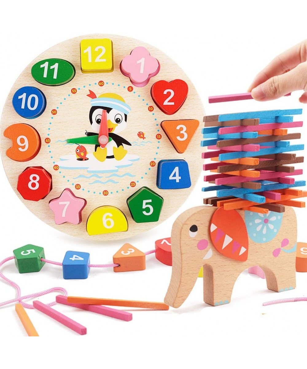 Puzzles for Toddlers 2 Pack Wooden Jigsaw Puzzles Shape Sorting Clock and Wooden Stacking Elephants Montessori Early Learning...