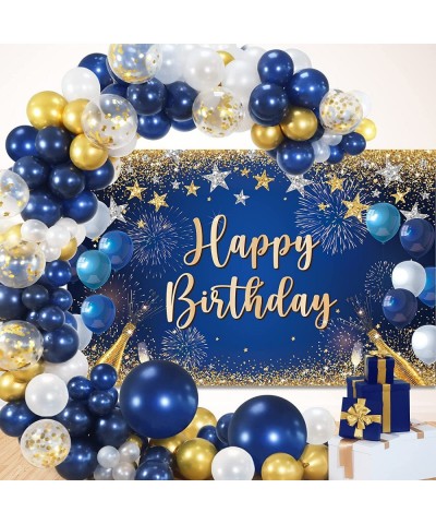 Navy Blue Birthday Decorations 120pcs Navy Blue and Gold Balloon Garland with Happy Birthday Backdrop Banner Birthday Photo B...