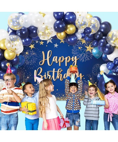 Navy Blue Birthday Decorations 120pcs Navy Blue and Gold Balloon Garland with Happy Birthday Backdrop Banner Birthday Photo B...