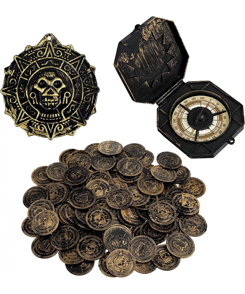 102 Pieces Pirate Theme Party Supply Include Vintage Pirate Treasure Gold Coins Pirate Skull Necklace and Pirate Compass Pira...