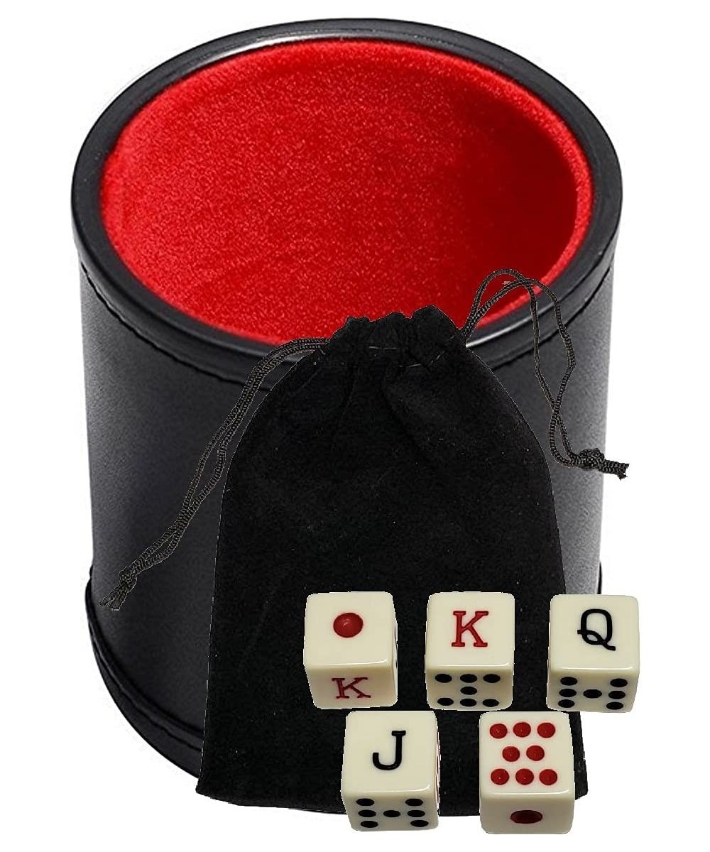 Black PU Leather Red Felt Lined Dice Cup with Spanish Poker Dice in Storage Pouch Set $28.92 Game Accessories