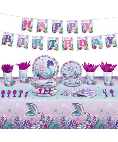 172 Pcs Mermaid Party Supplies Mermaid Birthday Set for Girls Including Plate Napkin Cup Knife Fork and Spoon Tablecloth Set ...