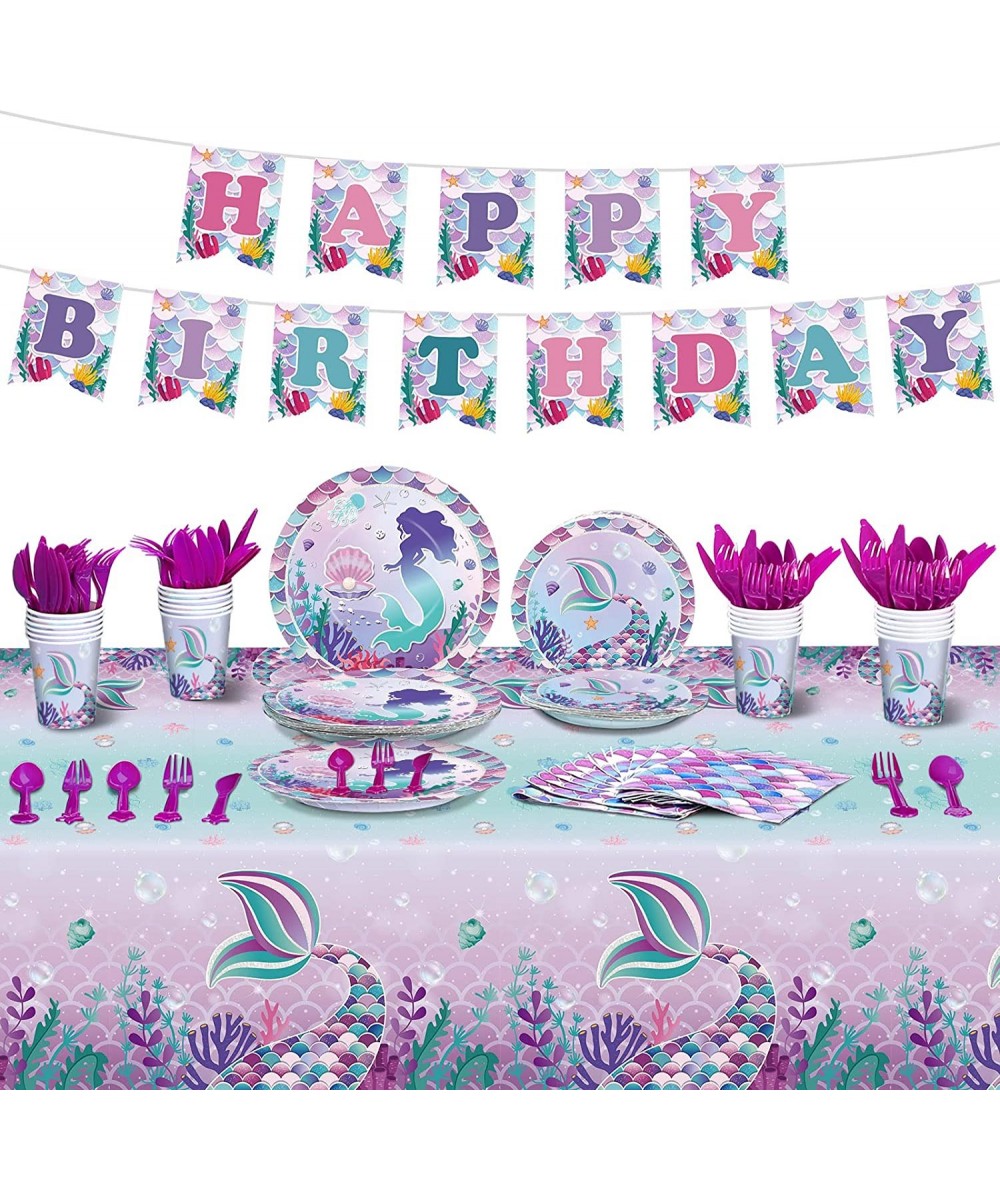 172 Pcs Mermaid Party Supplies Mermaid Birthday Set for Girls Including Plate Napkin Cup Knife Fork and Spoon Tablecloth Set ...