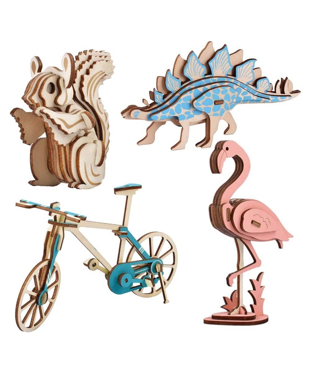 3D Wooden Puzzle for Kids | DIY Bicycle and Animals Models for Boys and Girls Over 8 Years Old 4 Packs Colorful Puzzles - Din...