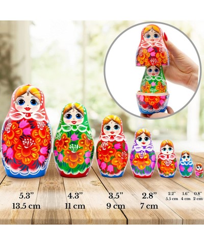 Nesting Dolls Set of 7 pcs - Classic Russian Dolls in Sarafan Dress with Bouquet of Bellflowers and Lilies - Matryoshka Dolls...