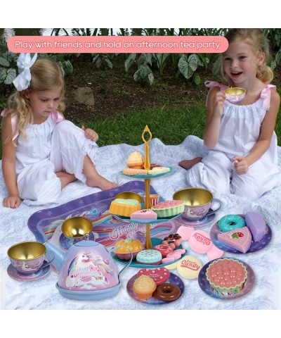 Tea Party Set for Little Girls 38PCS Princess Toddler Tea Time Toy and Kitchen Pretend Play with Tin Tea Set Doughnut Candies...