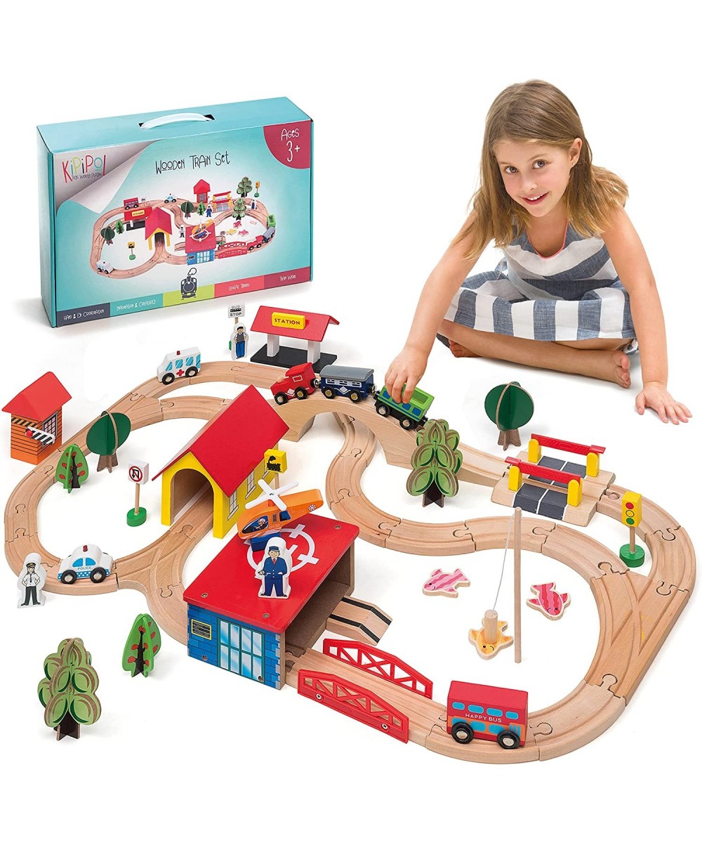 Train Set - 69 Pieces Wooden Train Tracks & Trains for Kids Toddler Boys and Girls 3 4 5 Years Old and Up– Premium Wood Const...