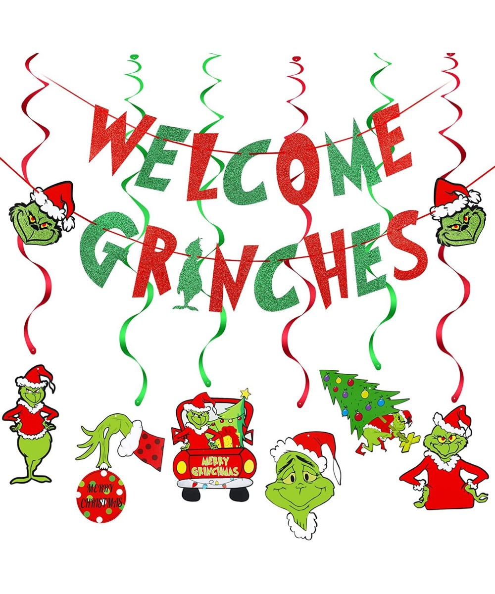 Welcome Grinches Banner Red Green Grinch Christmas Banner Grinch Christmas Decorations for Grinch Christmas Vacation Holiday ...