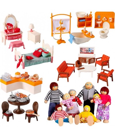 83 Pcs Doll House Furniture Package with 8 Winning Doll Family Set Wooden Bendable Figures and Fully Furnished Kitchen Living...