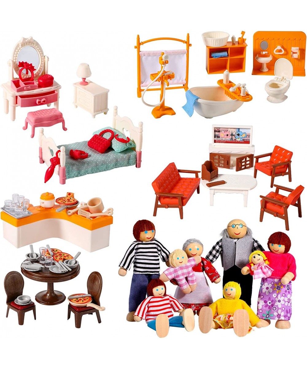 83 Pcs Doll House Furniture Package with 8 Winning Doll Family Set Wooden Bendable Figures and Fully Furnished Kitchen Living...