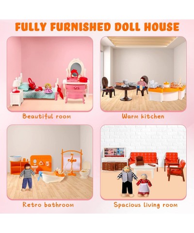 83 Pcs Doll House Furniture Package with 8 Winning Doll Family Set Wooden Bendable Figures and Fully Furnished Kitchen Living...