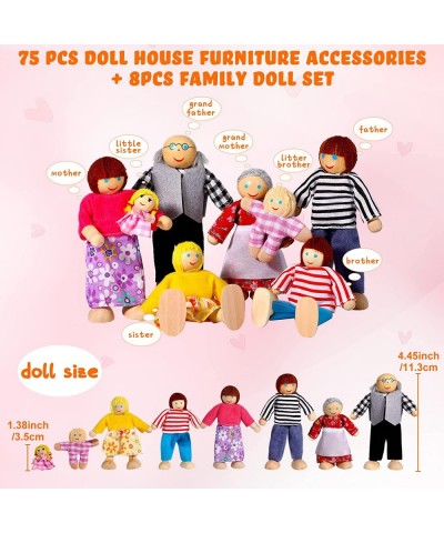 83 Pcs Doll House Furniture Package with 8 Winning Doll Family Set Wooden Bendable Figures and Fully Furnished Kitchen Living...