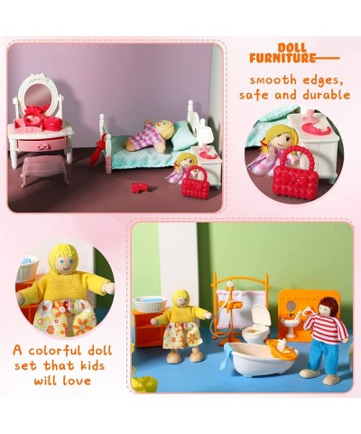 83 Pcs Doll House Furniture Package with 8 Winning Doll Family Set Wooden Bendable Figures and Fully Furnished Kitchen Living...