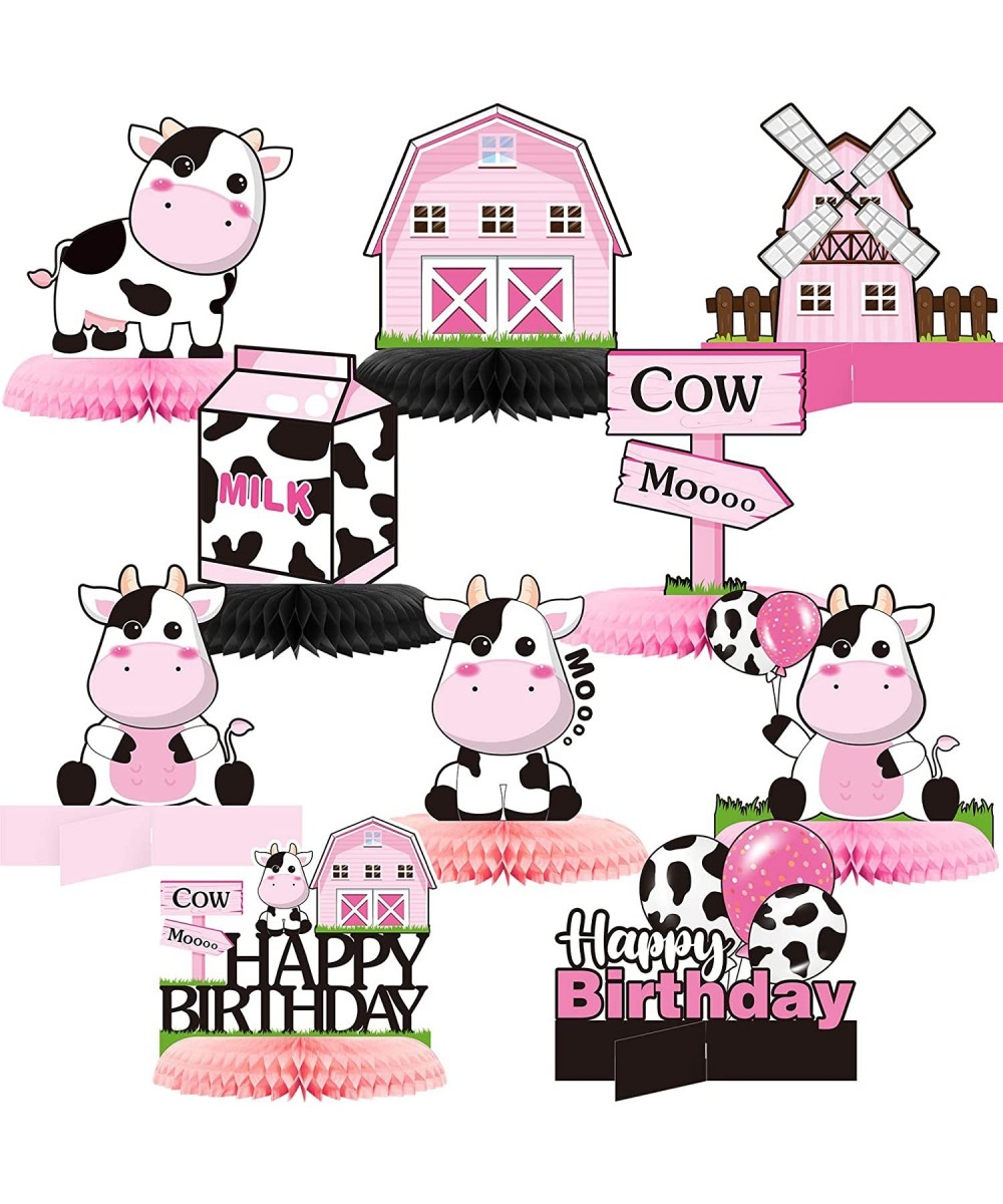 10 Pcs Cow Birthday Party Supplies Includes Cow Print Honeycomb Centerpieces and Cow Standing Cutouts Pink Farm Animal Party ...