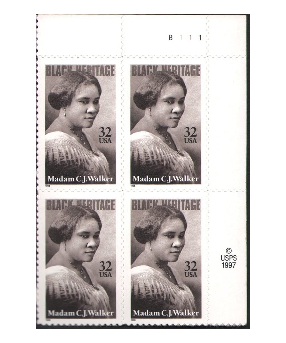 MADAM C. J. WALKER ~ BLACK HERITAGE 3181 Plate Block of 4 x 32 cents US Postage Stamps $14.49 Collectibles Display & Storage