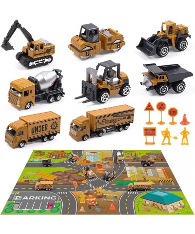 Construction Vehicles Toys Set with 32×28 Inches Play Mat 8 Mini Alloy Engineering Trucks and 7 Road Signs Excavator and Dump...