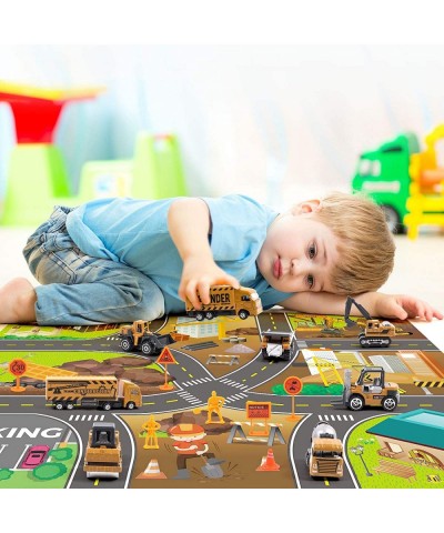 Construction Vehicles Toys Set with 32×28 Inches Play Mat 8 Mini Alloy Engineering Trucks and 7 Road Signs Excavator and Dump...