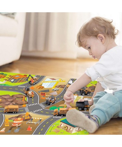 Construction Vehicles Toys Set with 32×28 Inches Play Mat 8 Mini Alloy Engineering Trucks and 7 Road Signs Excavator and Dump...