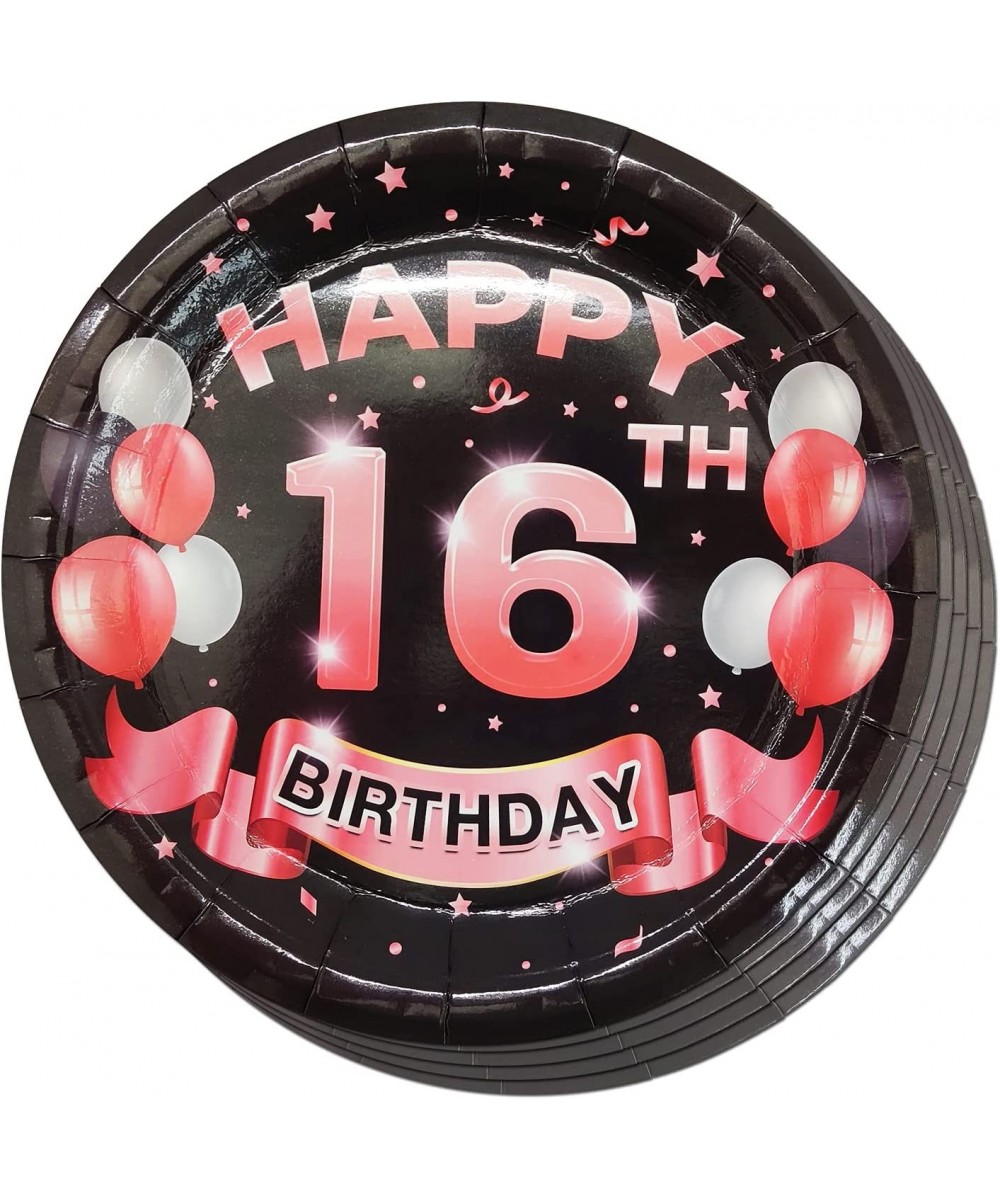 16th Birthday Plates Black and Pink Dessert Buffet Cake Lunch Dinner Plates for 16th Birthday Decorations Party Supplies Happ...