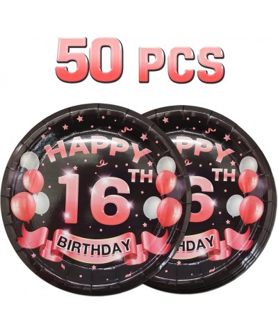 16th Birthday Plates Black and Pink Dessert Buffet Cake Lunch Dinner Plates for 16th Birthday Decorations Party Supplies Happ...