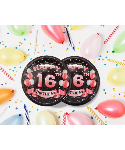 16th Birthday Plates Black and Pink Dessert Buffet Cake Lunch Dinner Plates for 16th Birthday Decorations Party Supplies Happ...