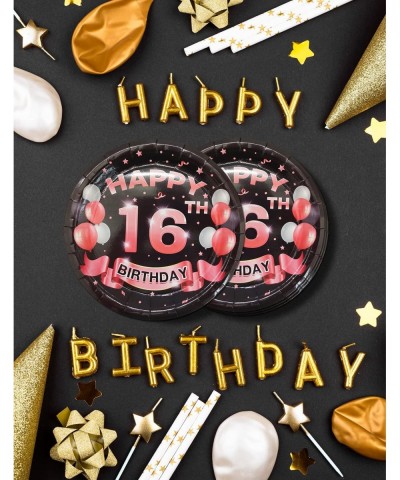 16th Birthday Plates Black and Pink Dessert Buffet Cake Lunch Dinner Plates for 16th Birthday Decorations Party Supplies Happ...