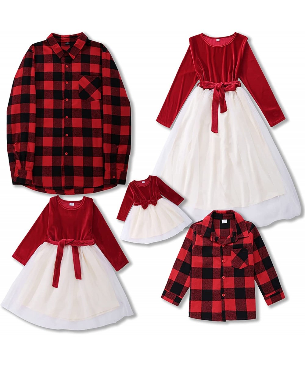 Family Matching Christmas Outfits Red Plaid Parent-Child Lace Skirt Xmas Photography Matching Dress Costume for Women Men Kid...