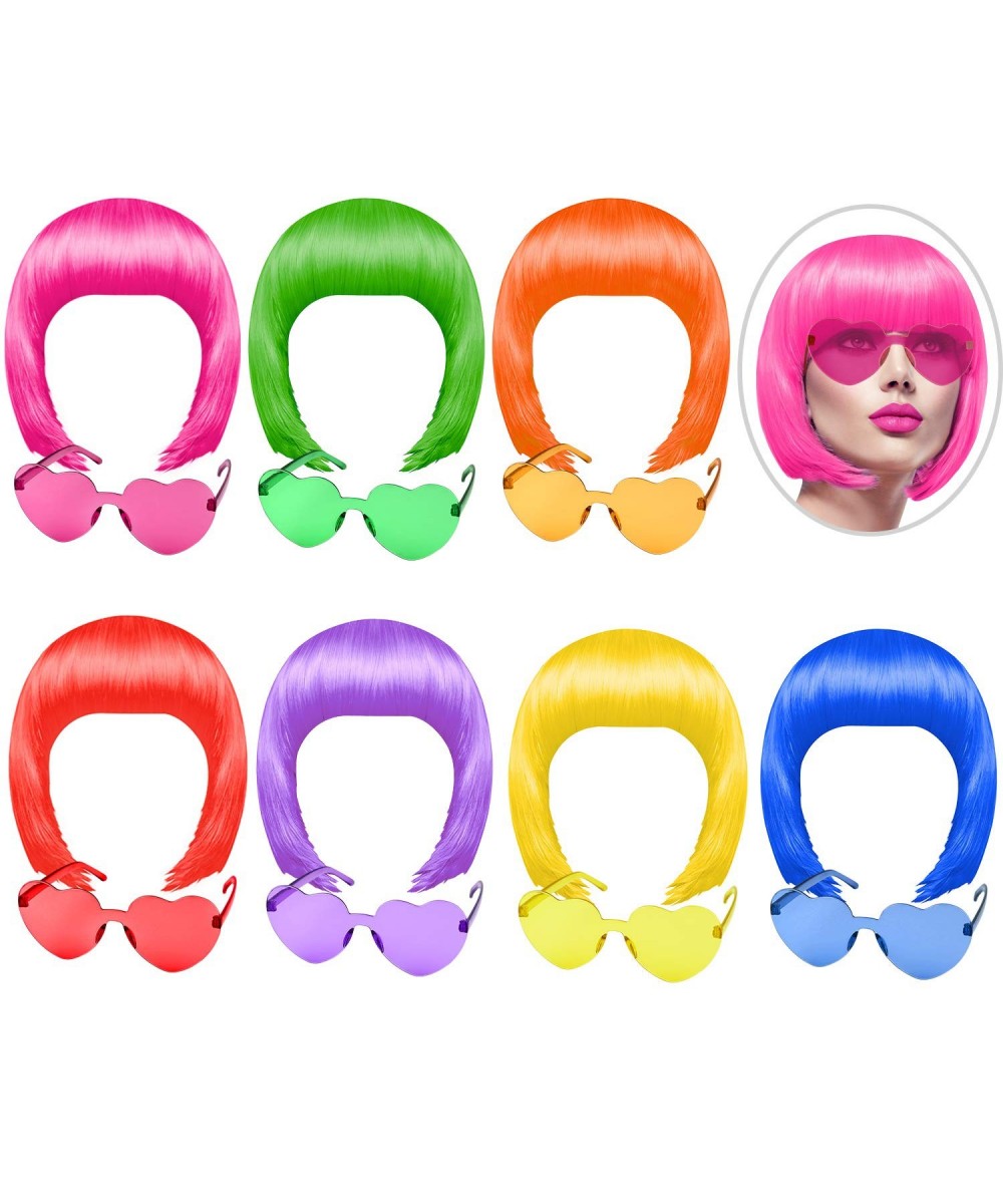 14Pieces Party Wigs & Sunglass Set Neon Short Bob Wig Sunglass Pack Costume Colorful Cosplay Wig Daily Party Hairpieces for B...