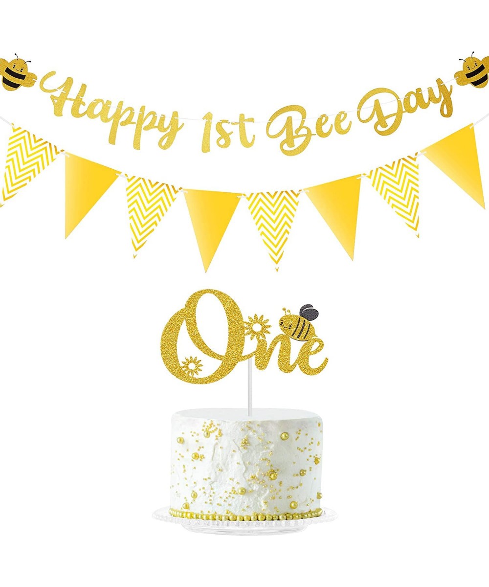 Happy 1st Bee Day Gold Glitter Banner One Cake Topper Golden Triangle Banner Bunting Banner Bee Decorations for Boy Girl Firs...