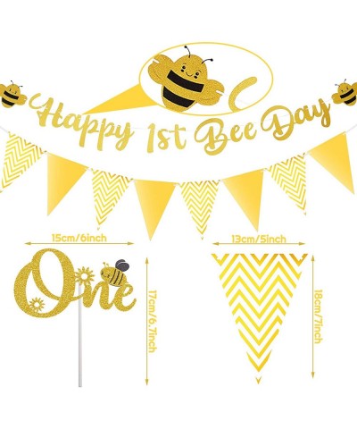 Happy 1st Bee Day Gold Glitter Banner One Cake Topper Golden Triangle Banner Bunting Banner Bee Decorations for Boy Girl Firs...