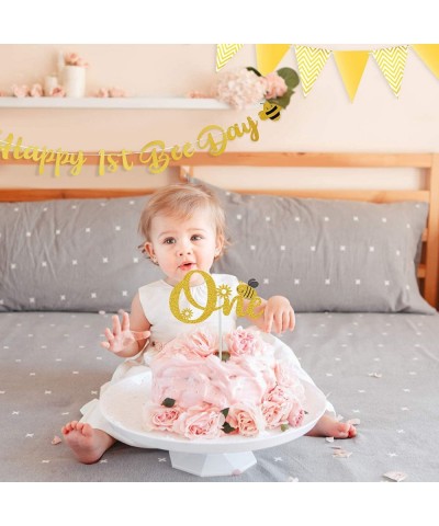 Happy 1st Bee Day Gold Glitter Banner One Cake Topper Golden Triangle Banner Bunting Banner Bee Decorations for Boy Girl Firs...