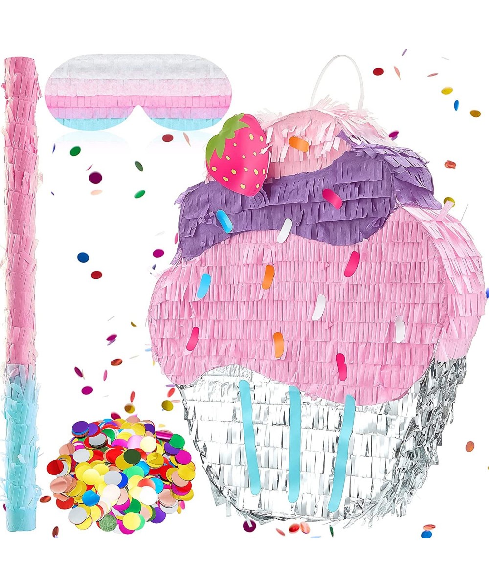 Cupcake Pinata 3D Pinatas for Birthday Party Large Colorful Pull String Pinata with Stick Blindfold Confetti for Kids Girls P...