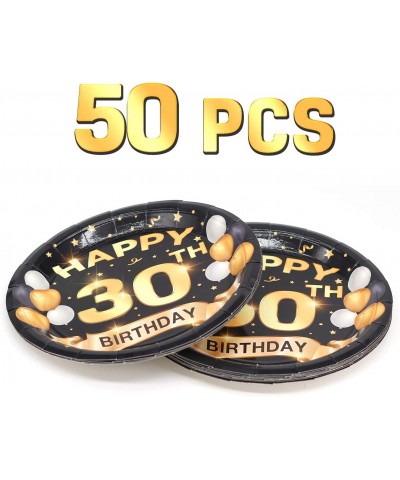 30th Birthday Plates Black and Gold Dessert Buffet Cake Lunch Dinner Plates for 30th Birthday Decorations Party Supplies Happ...