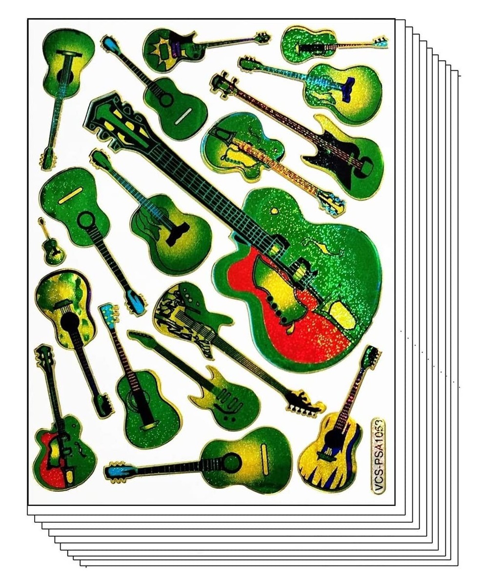 Stickers Glitter Pack 10 Sheets Green Guitar Acoustic Flamenco Musical Instrument Cartoon Paper Sticker for Children Kids Sti...