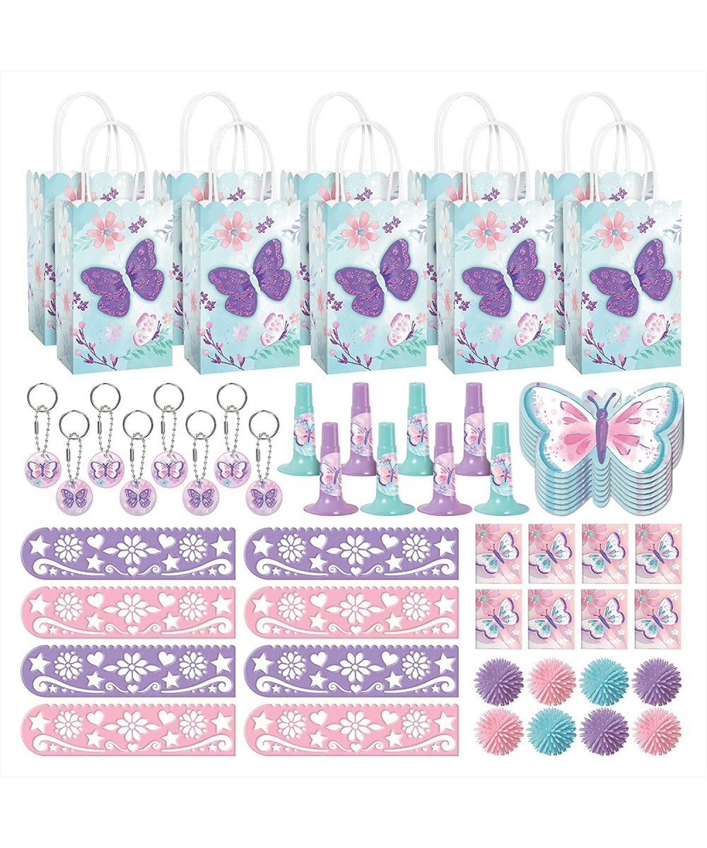 Butterfly Flutter Floral Party Favors - Paper Goody Bags Keychains Wooly Balls Rulers Horns Notebooks and Stickers for 8 Gues...