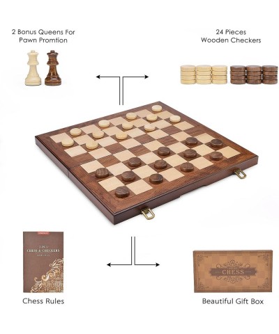 Wooden Chess & Checkers Set with Upgraded Weighted Chess Pieces 15 Inches (2 in 1) Chess Board Games / 2 Extra Queens / 24 Ch...