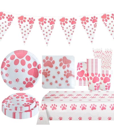 Dog Birthday Party Supplies-Puppy Themed Tableware Party Pack Includes Pink Dog Paw Prints Party Paper Plates Cups Napkins Ta...