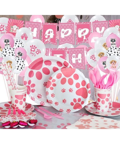 Dog Birthday Party Supplies-Puppy Themed Tableware Party Pack Includes Pink Dog Paw Prints Party Paper Plates Cups Napkins Ta...