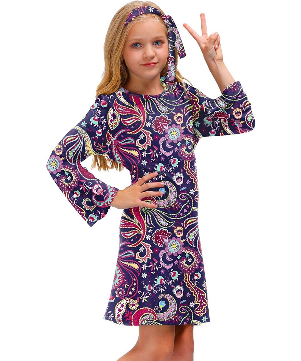 Girl's 70s Retro Hippie Bell Sleeve Midi Dress with Headband 4-12 Years $31.04 Kids' Costumes