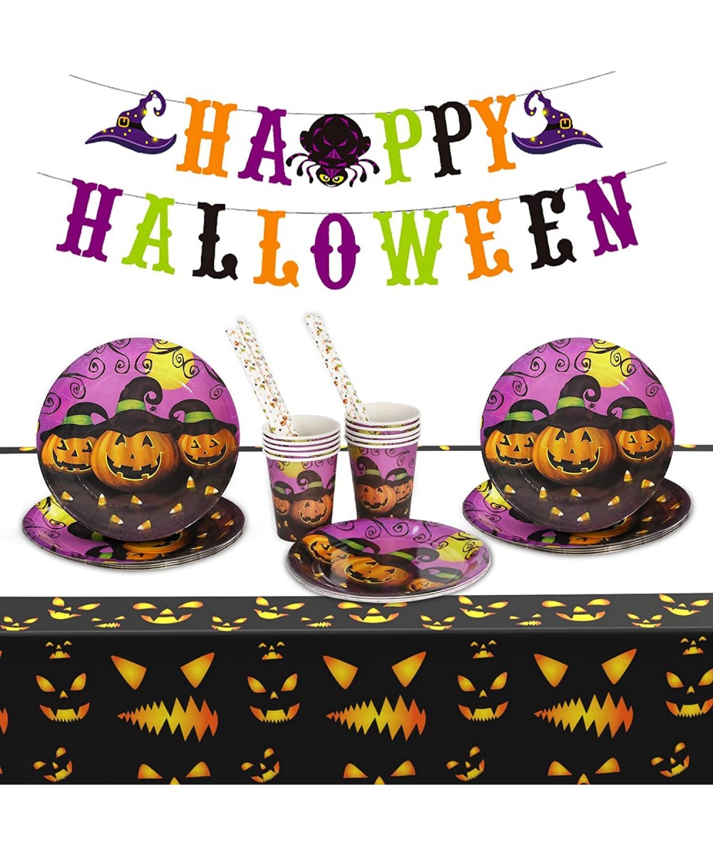 Halloween Party Supplies Halloween Tableware with Halloween Banner Pumpkin Dinner Plates Cups Tablecloths Straws for Hallowee...