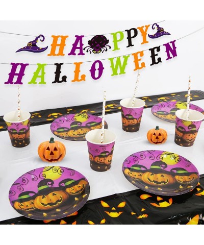 Halloween Party Supplies Halloween Tableware with Halloween Banner Pumpkin Dinner Plates Cups Tablecloths Straws for Hallowee...