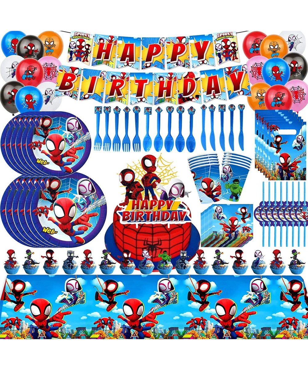 Spider Birthday Party Supplies Cartoon Spider Party Decorations Set Include Banner 7+9inch Plates Table cover Cake topper Cup...