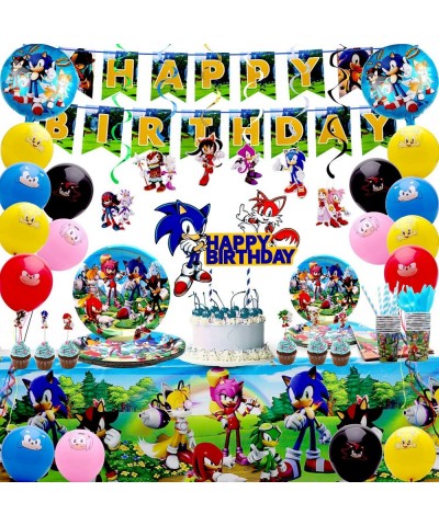 Sonic Birthday Party Supplies- 192 pcs Sonic The Hedgehog Party Supplies for Kids with Banner Plates Cups Napkins Tableware H...