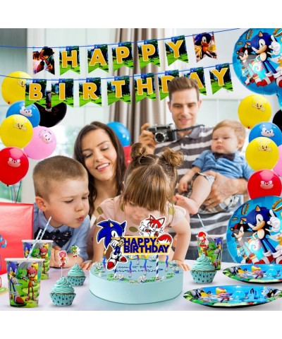 Sonic Birthday Party Supplies- 192 pcs Sonic The Hedgehog Party Supplies for Kids with Banner Plates Cups Napkins Tableware H...